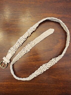 Woven Macramé Cream Women's Belt with Brass Buckle